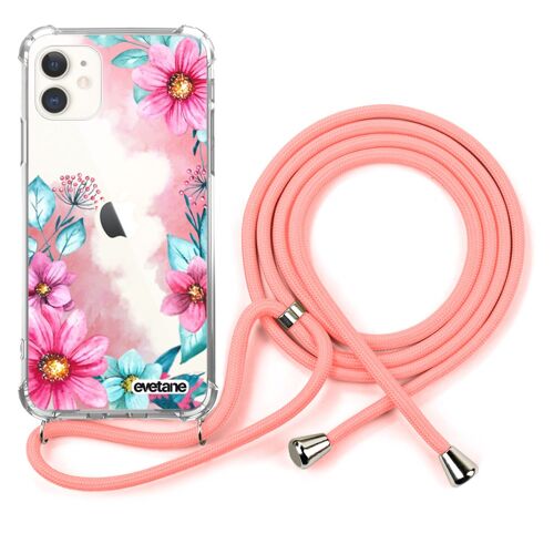 Coque iPhone 11 anti-choc silicone avec cordon rose- Fleurs Roses et Bleues