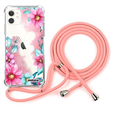 Custodia in silicone antiurto per iPhone 11 con cordino rosa - Fiori rosa e blu