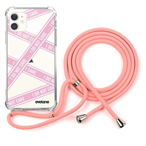 Coque iPhone 11 anti-choc silicone avec cordon rose- I Do Not Care
