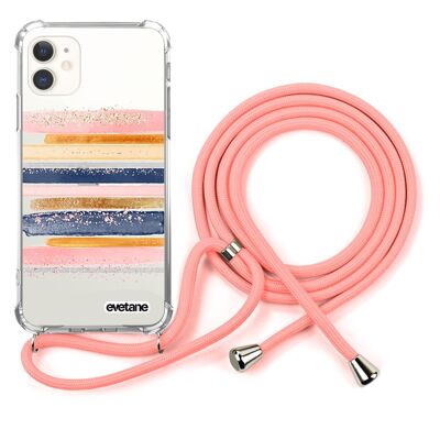 Coque iPhone 11 anti-choc silicone avec cordon rose- Traits de Peinture