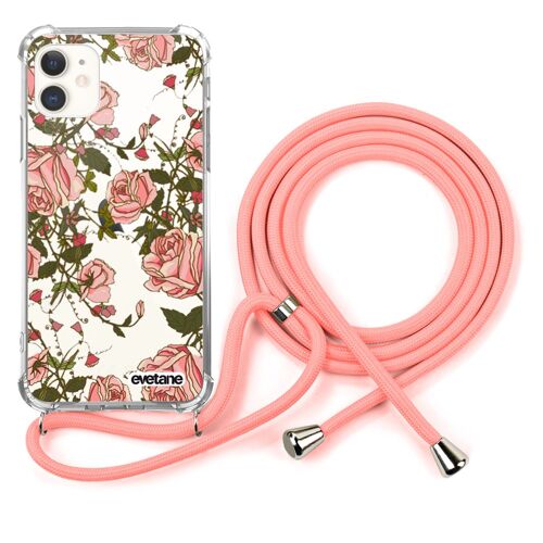 Coque iPhone 11 anti-choc silicone avec cordon rose-Fleurs de Rosiers