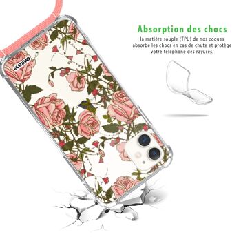 Coque iPhone 11 anti-choc silicone avec cordon rose-Fleurs de Rosiers 2