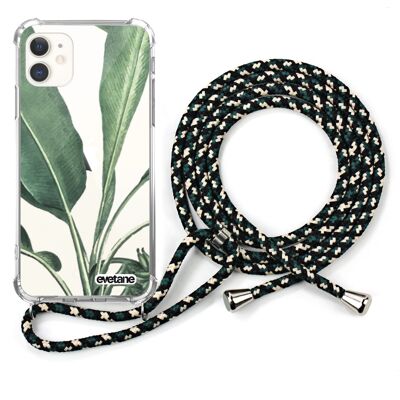 Funda de silicona a prueba de golpes con cordón verde para iPhone 11 - Hojas de palma