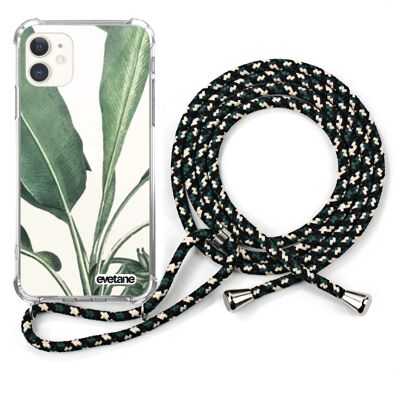 Coque iPhone 11 anti-choc silicone avec cordon vert -Feuilles de Palme