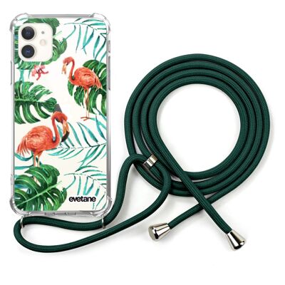 Custodia in silicone antiurto per iPhone 11 con cordino verde - Rose Flamingo