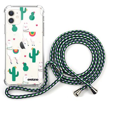 Coque iPhone 11 anti-choc silicone avec cordon vert- Lamas et Cactus
