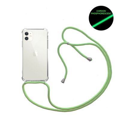 Funda de silicona para iPhone 11 a prueba de golpes con cordón verde fluorescente y fosforescente