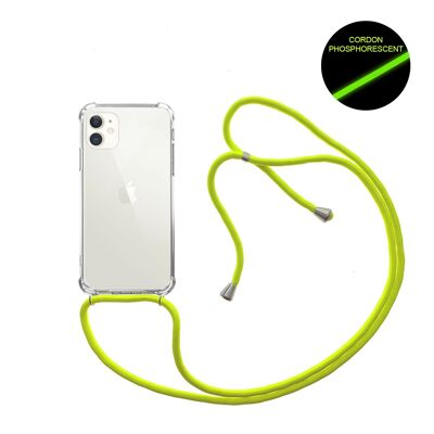 Coque iPhone 11 anti-choc silicone avec cordon Jaune fluo et phosphorescent