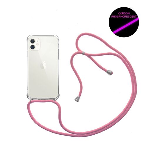 Coque iPhone 11 anti-choc silicone avec cordon Rose fluo et phosphorescent