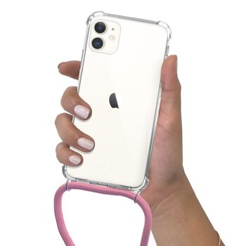 Coque iPhone 11 anti-choc silicone avec cordon Rose fluo et phosphorescent 2