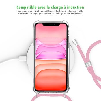 Coque iPhone 11 anti-choc silicone avec cordon Rose fluo et phosphorescent 6