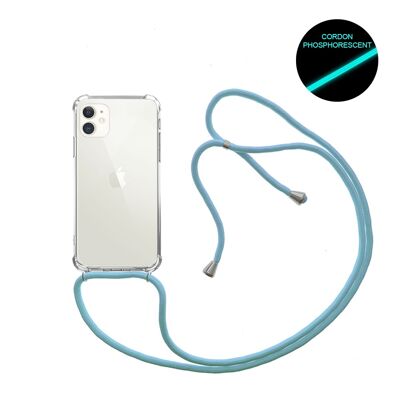 Coque iPhone 11 anti-choc silicone avec cordon Bleu fluo et phosphorescent