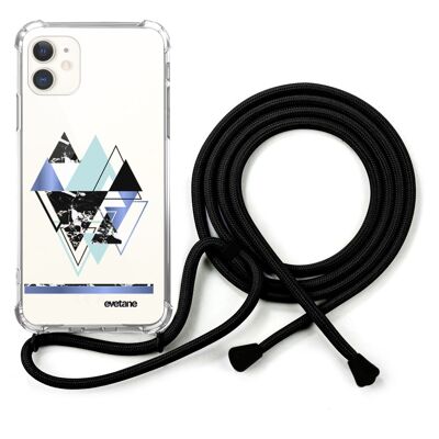 Shockproof iPhone 11 silicone case with black cord - Blue Triangles