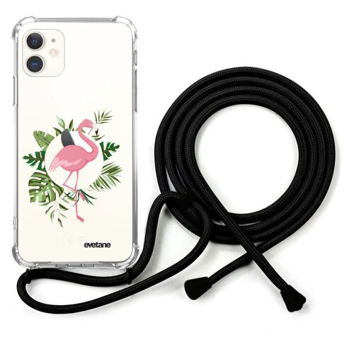 Coque iPhone 11 anti-choc silicone avec cordon noir - Flamant Rose Cercle