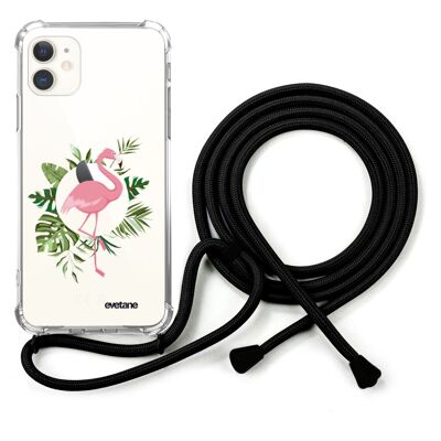 Shockproof silicone iPhone 11 case with black cord - Pink Flamingo Circle