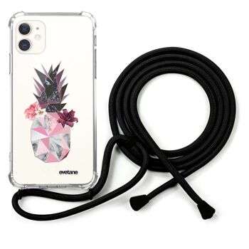 Coque iPhone 11 anti-choc silicone avec cordon noir - Ananas Fleuri 1