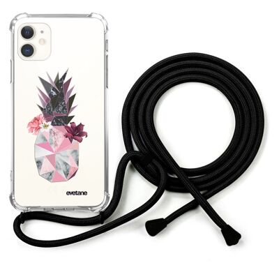 Coque iPhone 11 anti-choc silicone avec cordon noir - Ananas Fleuri