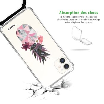 Coque iPhone 11 anti-choc silicone avec cordon noir - Ananas Fleuri 2