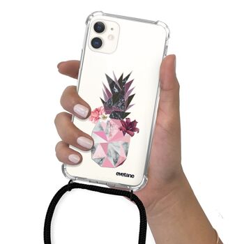 Coque iPhone 11 anti-choc silicone avec cordon noir - Ananas Fleuri 4