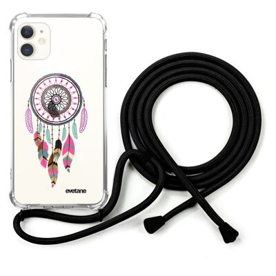 Coque iPhone 11 anti-choc silicone avec cordon noir - Attrappe Rêve Rose Fushia