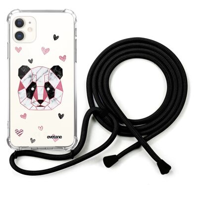 Coque iPhone 11 anti-choc silicone avec cordon noir - Panda Géométrique Rose