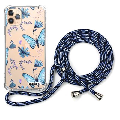 Coque iPhone 11 pro anti-choc silicone avec cordon bleu - Papillons