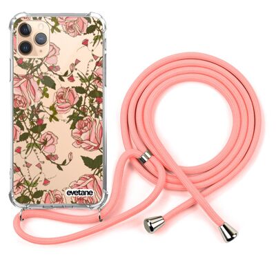 Shock-proof iPhone 11 pro silicone case with pink cord-Rose Flowers