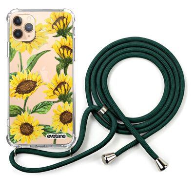 Custodia in silicone antiurto per iPhone 11 pro con cordino verde - Girasoli