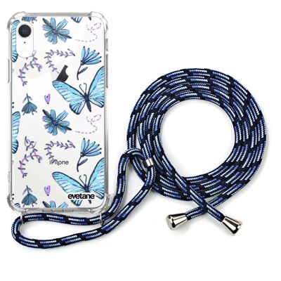 Shockproof silicone iPhone XR case with blue cord - Butterflies