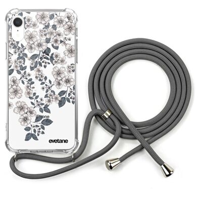 Cover iPhone XR in silicone antiurto con cordino grigio - Fiori di ciliegio