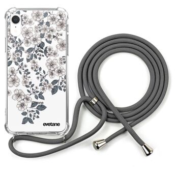 Coque iPhone XR anti-choc silicone avec cordon gris- Fleurs de cerisiers 1