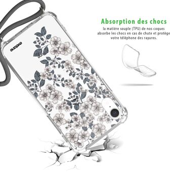 Coque iPhone XR anti-choc silicone avec cordon gris- Fleurs de cerisiers 2