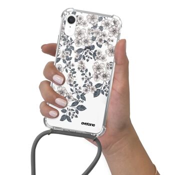 Coque iPhone XR anti-choc silicone avec cordon gris- Fleurs de cerisiers 4