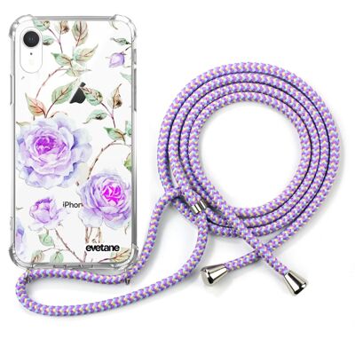 Funda de silicona para iPhone XR a prueba de golpes con cordón morado - Flores