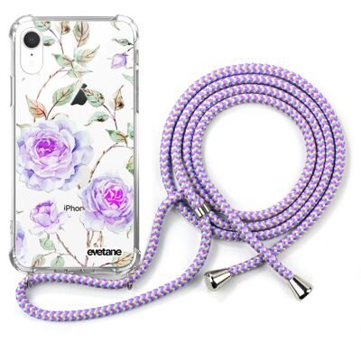 Shockproof iPhone XR silicone case with purple cord - Flowers