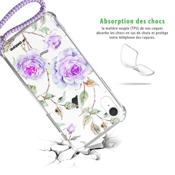 Coque iPhone XR anti-choc silicone avec cordon parme -Fleurs 2