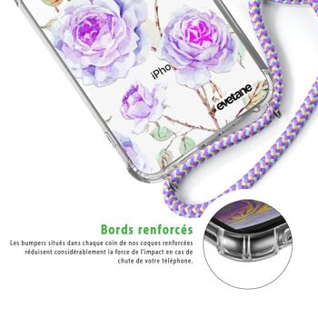 Coque iPhone XR anti-choc silicone avec cordon parme -Fleurs 3