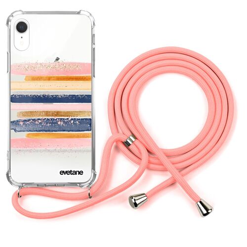 Coque iPhone XR anti-choc silicone avec cordon rose- Traits de Peinture
