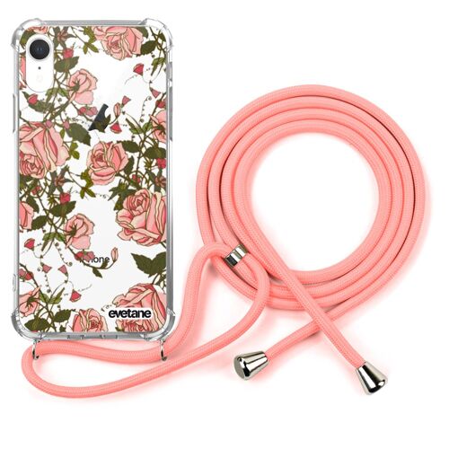 Coque iPhone XR anti-choc silicone avec cordon rose-Fleurs de Rosiers