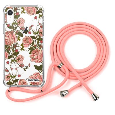 Cover iPhone XR in silicone antiurto con cordino rosa-Rose Flowers