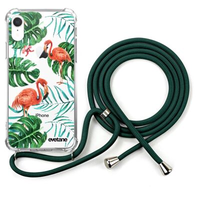 Shockproof silicone iPhone XR case with green cord - Flamingo Roses