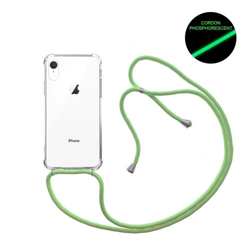 Coque iPhone XR anti-choc silicone avec cordon vert fluo et phosphorescent