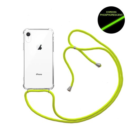 Coque iPhone XR anti-choc silicone avec cordon Jaune fluo et phosphorescent