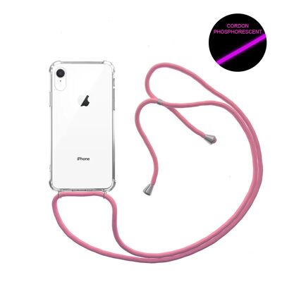 Coque iPhone XR anti-choc silicone avec cordon Rose fluo et phosphorescent