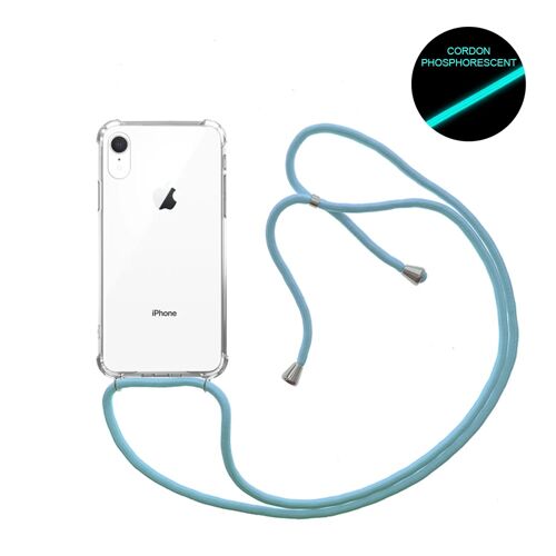 Coque iPhone XR anti-choc silicone avec cordon Bleu fluo et phosphorescent