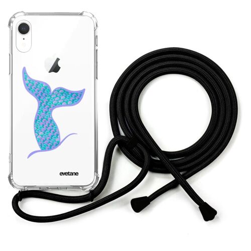 Coque iPhone XR anti-choc silicone avec cordon noir - Queue Sirène