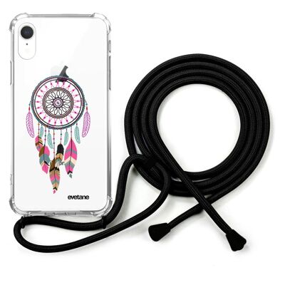 Stoßfeste iPhone XR Hülle aus Silikon mit schwarzer Schnur - Fuchsia Pink Dream Catcher