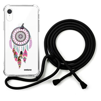 Shockproof silicone iPhone XR case with black cord - Fuchsia Pink Dream Catcher