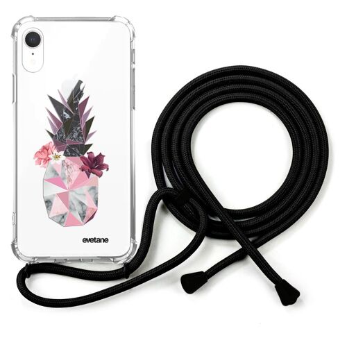 Coque iPhone XR anti-choc silicone avec cordon noir - Ananas Fleuri