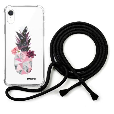 Custodia in silicone antiurto per iPhone XR con cavo nero - Ananas floreale